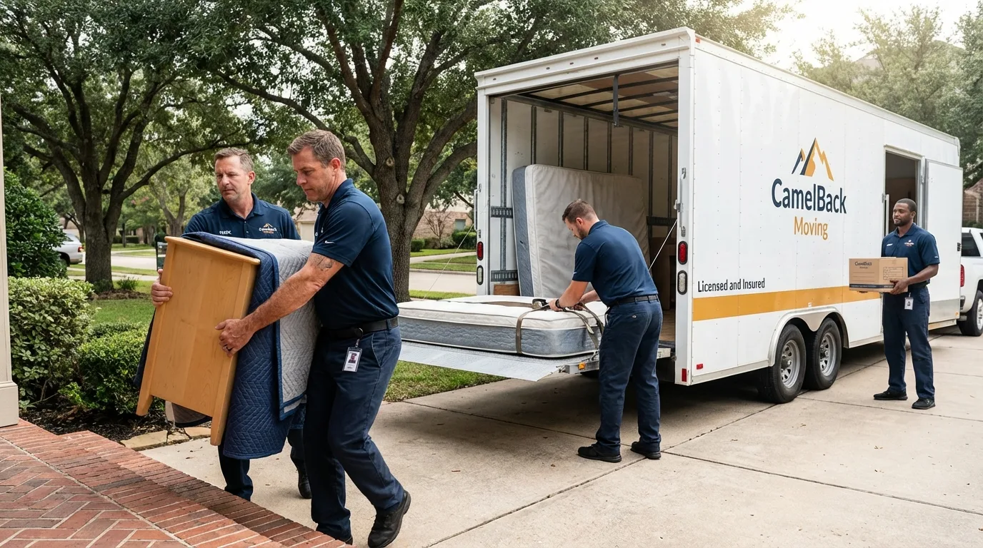 Crew loading residential truck for cross-state move from San Rafael, CA