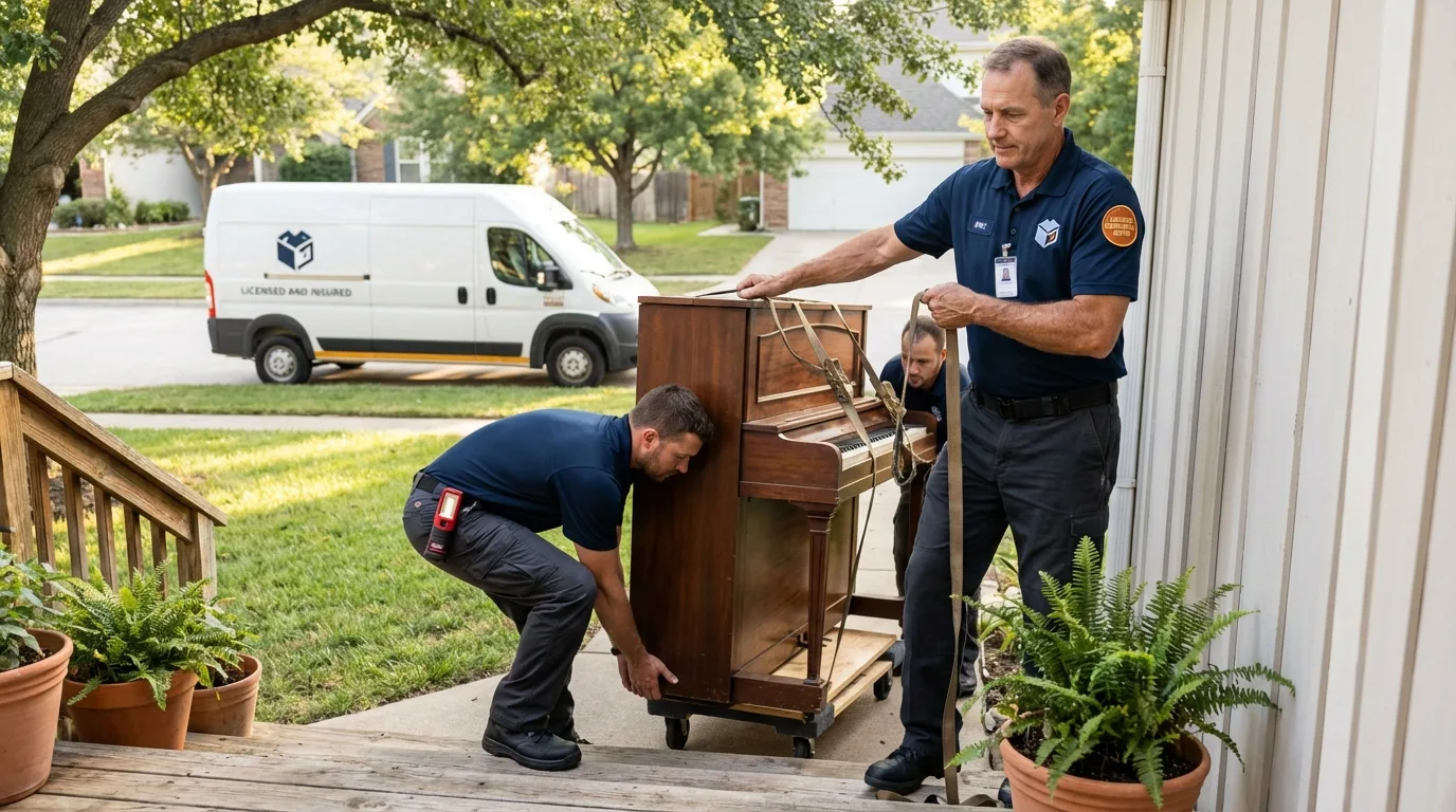 Licensed piano movers securing grand piano in San Rafael, CA