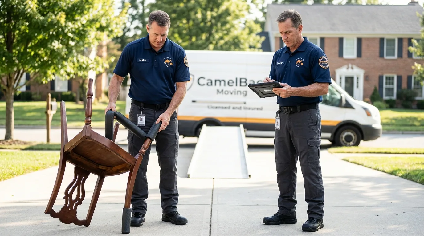 Movers inspecting furniture for damage prevention before loading in San Rafael, CA